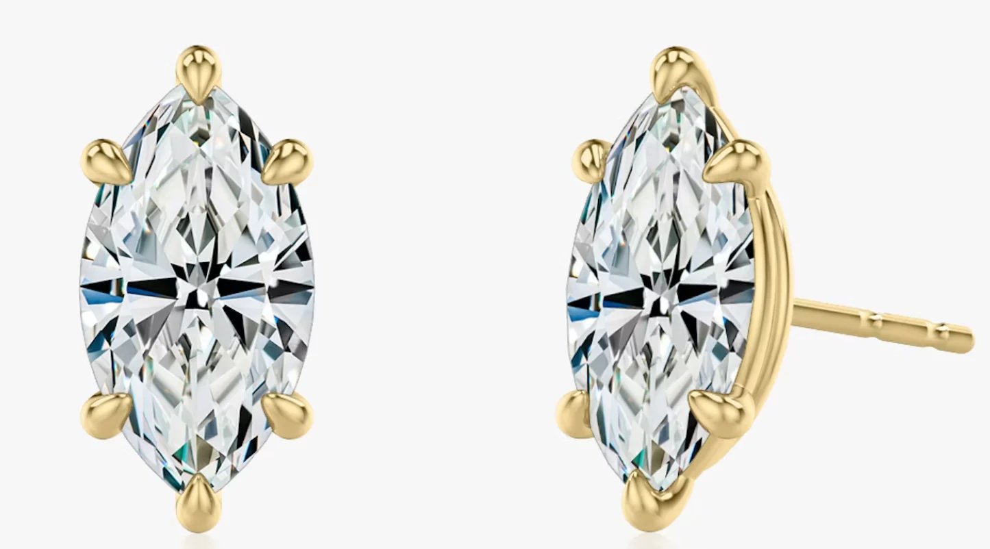 Pair of marquise-cut diamond stud earrings in gold settings, shown from front and side view
