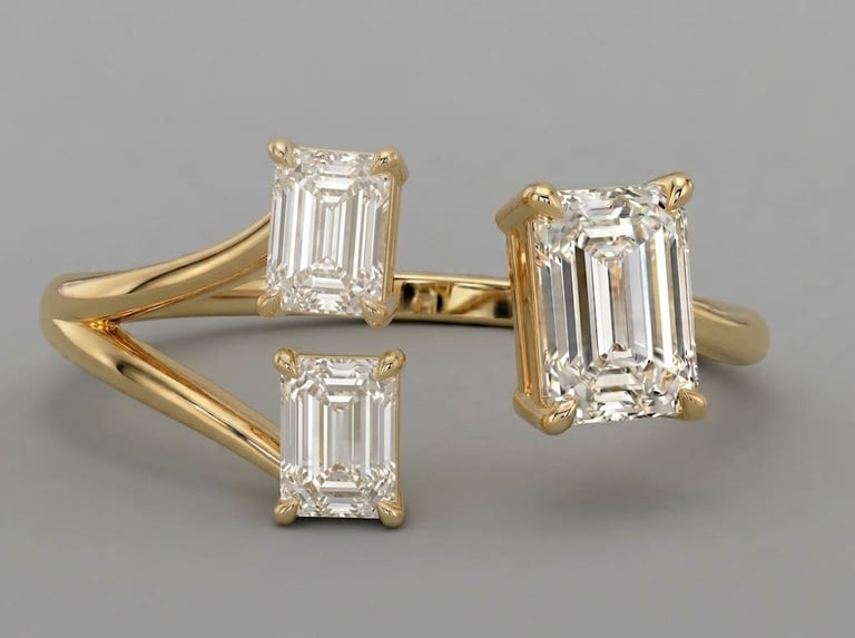 Collection of 14K yellow gold three stone rings with 1.05 CT emerald cut centers and 0.22 CT side diamonds
