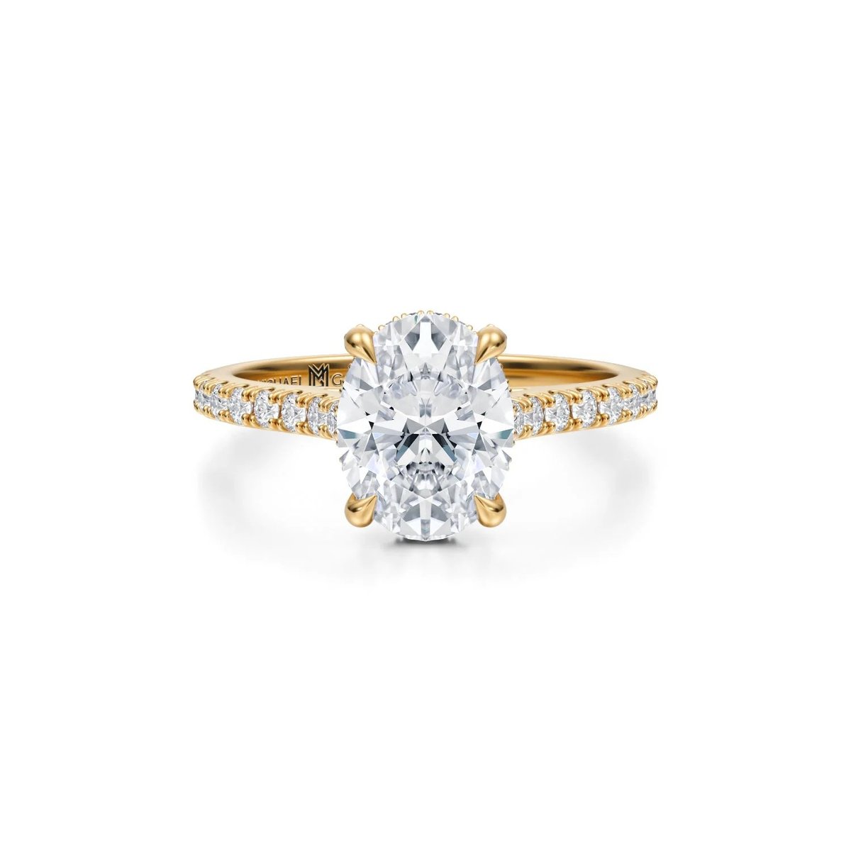 Gold engagement ring with oval-cut diamond center stone and diamond-accented band