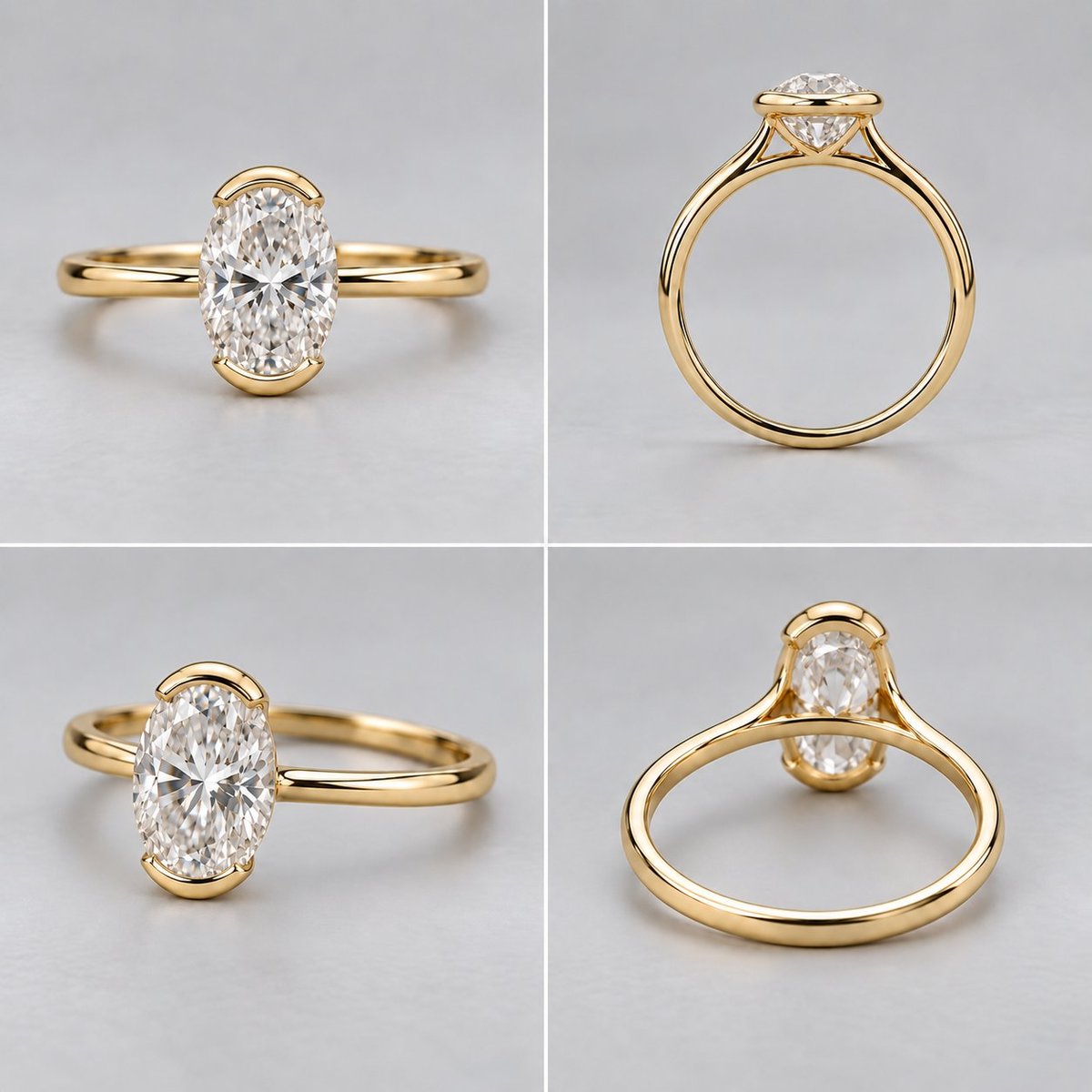 Four views of a gold engagement ring with an oval diamond center stone shown from front, back, and side angles