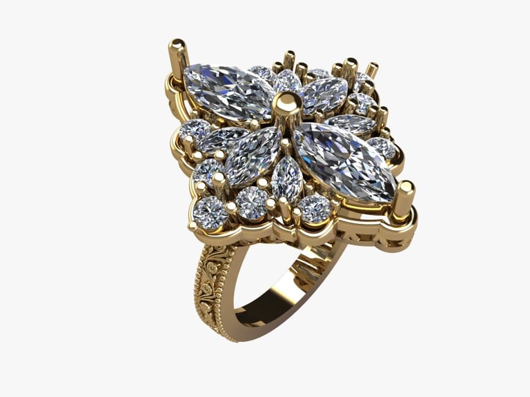 Gold cluster cocktail ring with marquise-cut and round lab-grown diamonds arranged in a floral bow design