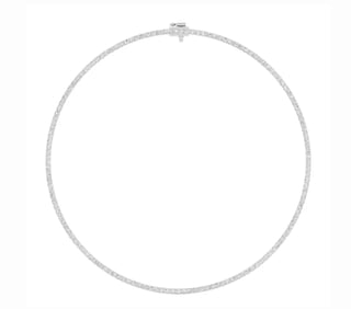 White gold diamond tennis necklace with round brilliant-cut stones on a white background