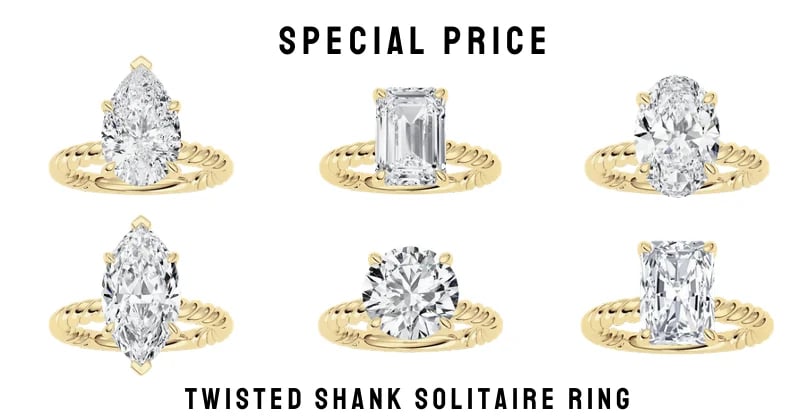 Six gold twisted shank solitaire diamond rings displayed in two rows, showing various diamond cuts and special pricing