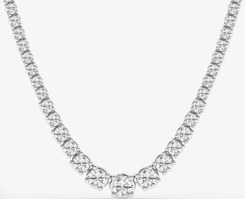 Silver diamond tennis necklace with round stones arranged in a continuous line