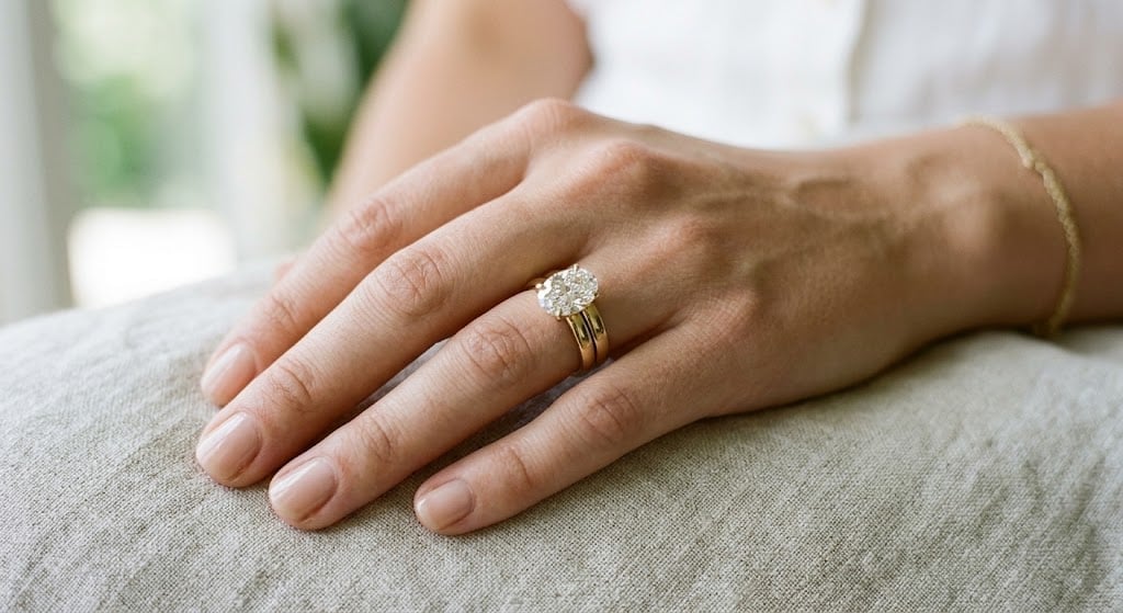 Close-up of a woman's hand wearing a diamond engagement ring and gold bracelet resting on a light-colored fabric
