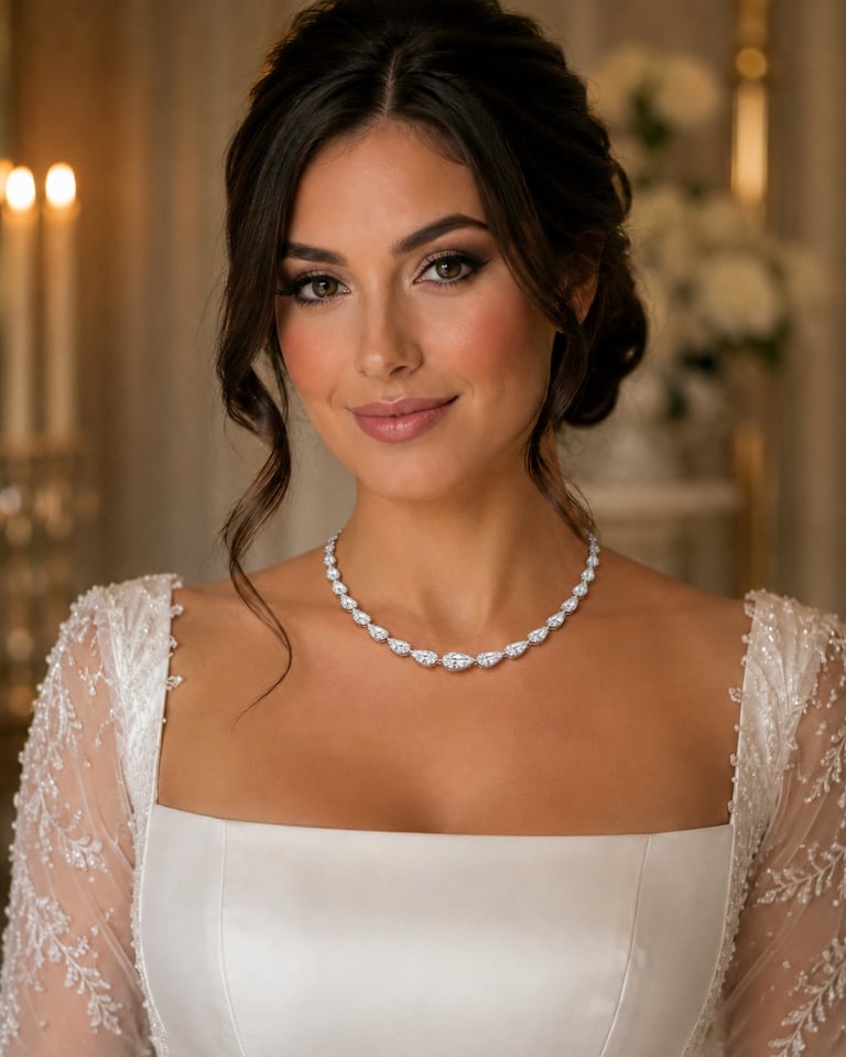 Woman wearing white formal gown with beaded sheer sleeves and diamond necklace in elegant interior setting
