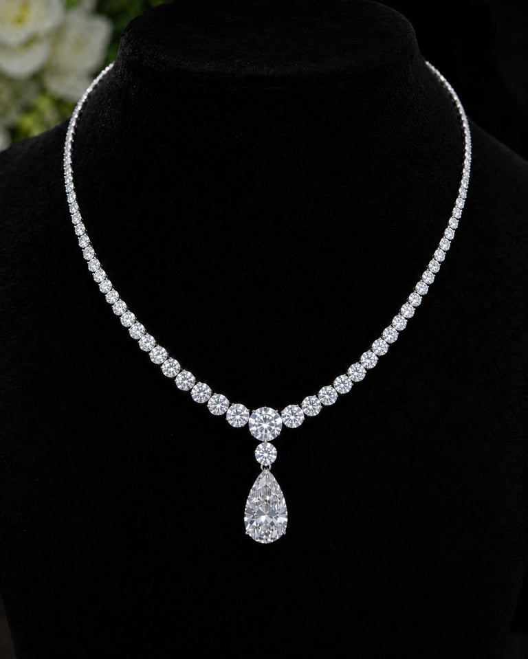 Diamond tennis necklace with teardrop pendant on black velvet display bust