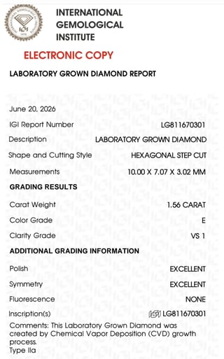 IGI Laboratory Grown Diamond Report for 1.56 carat hexagonal step cut diamond dated June 20, 2026