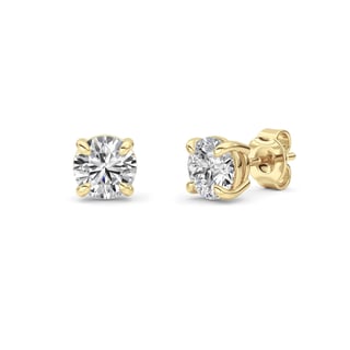 Pair of round diamond stud earrings in yellow gold settings, 1 ct total weight
