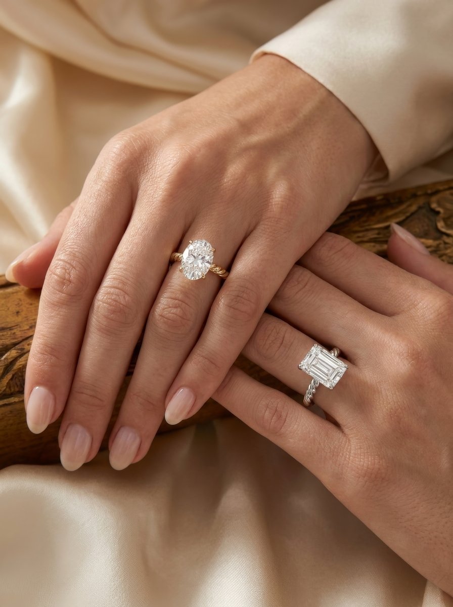 Two people displaying diamond engagement rings and wedding bands on their hands resting on a beige fabric background