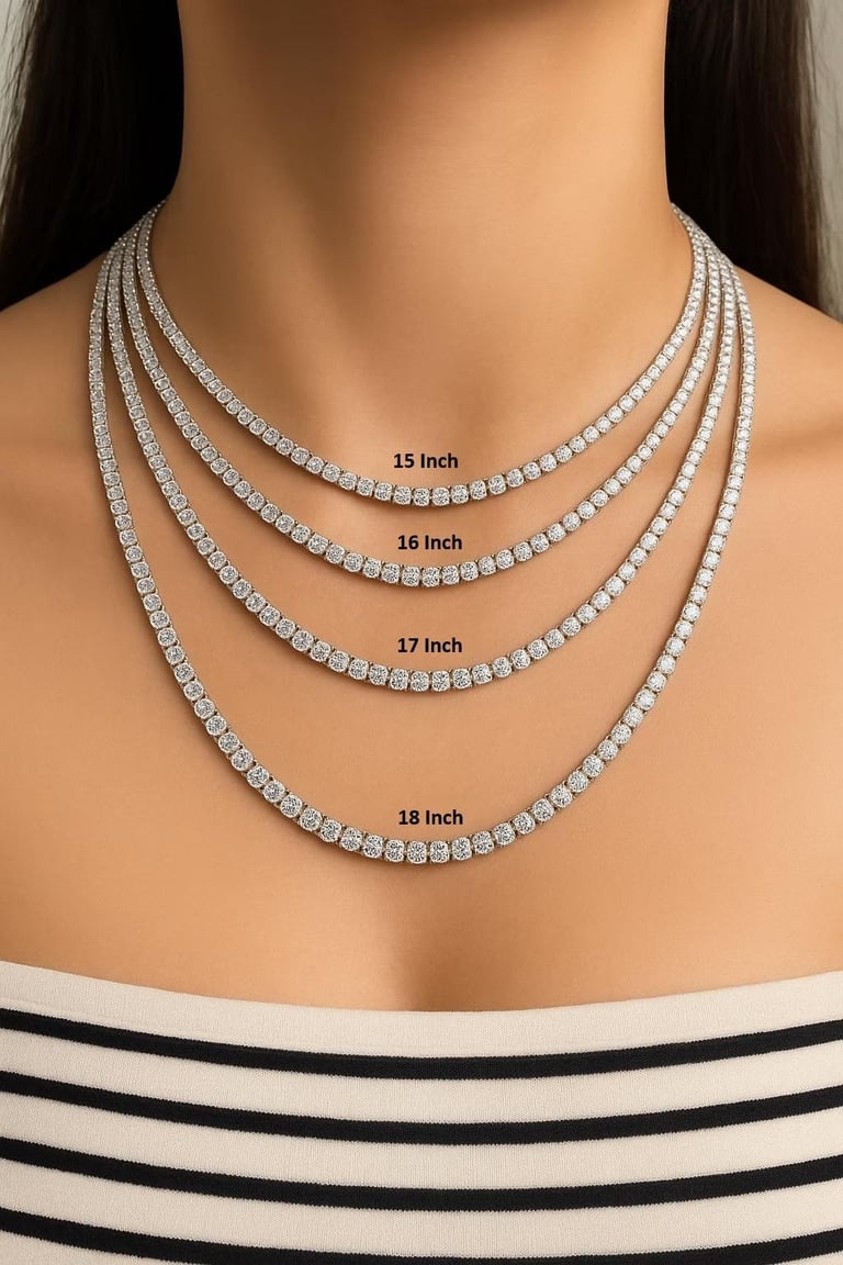 Model wearing four layered diamond tennis necklaces in lengths 15 to 18 inches on display