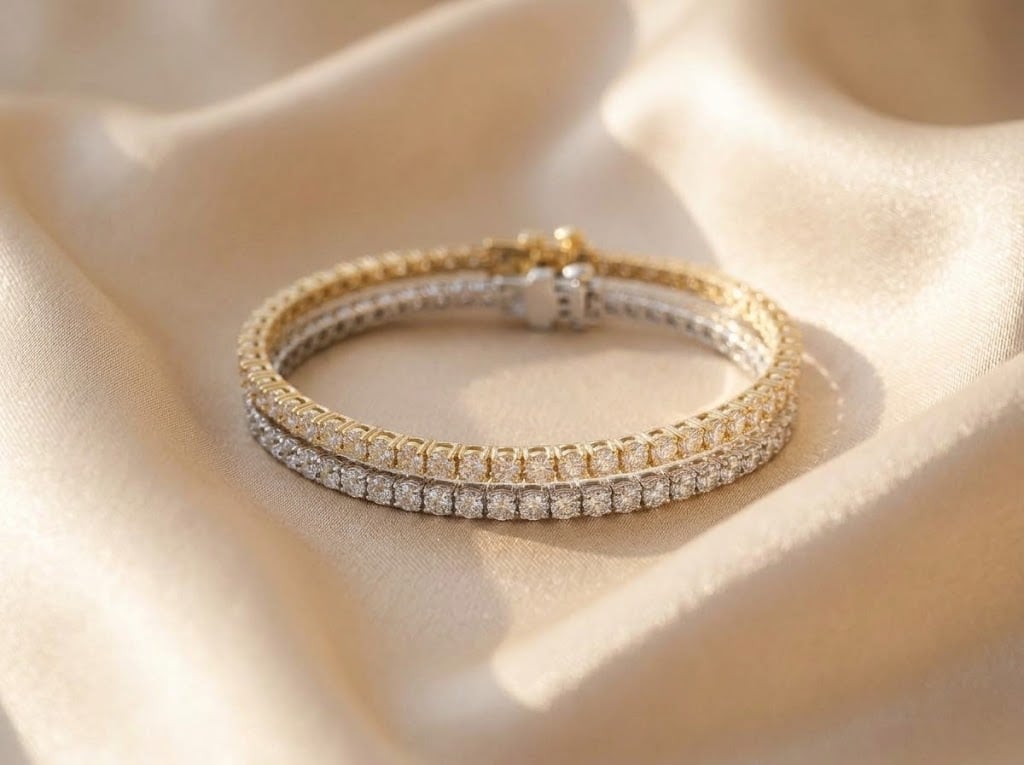 Diamond tennis bracelet with two-tone gold and silver links displayed on cream-colored fabric