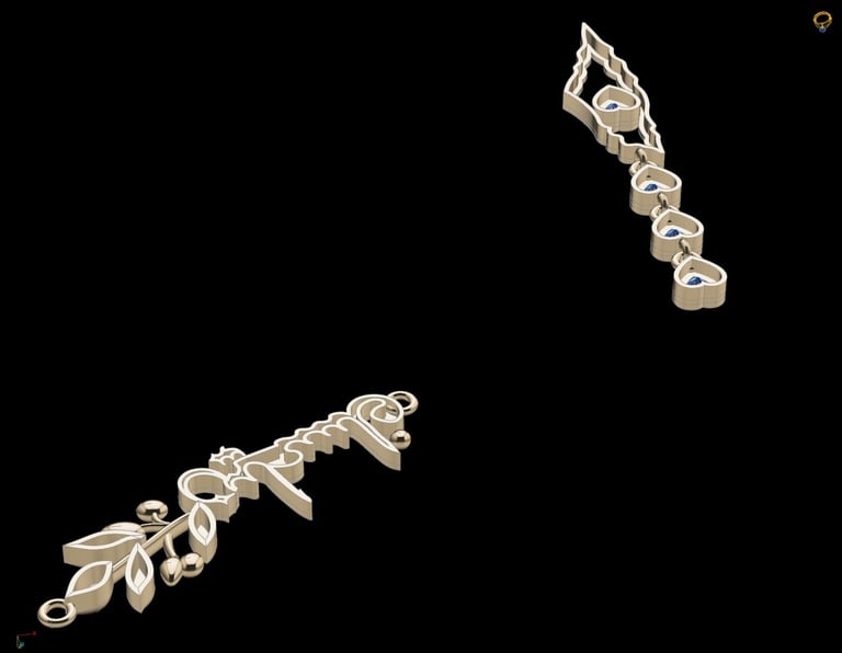 CAD design of the heart-shaped pendants and map of Palestine charm in gold