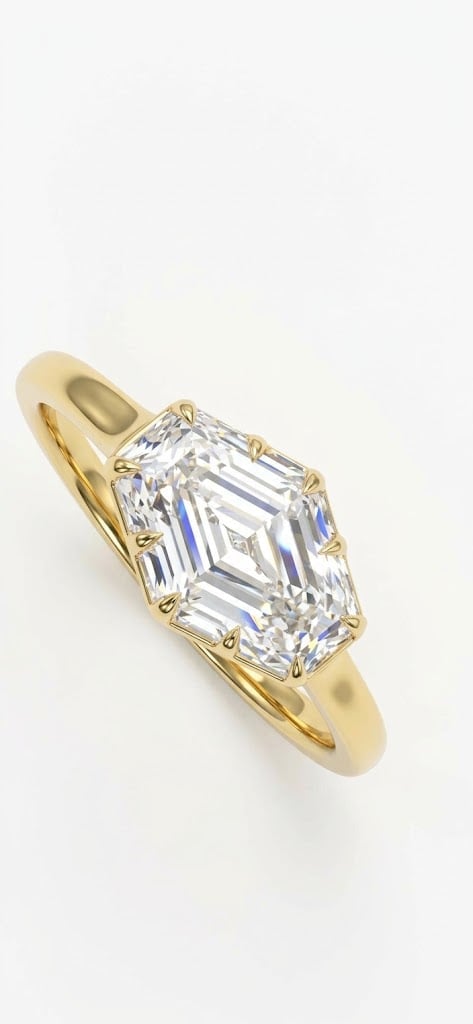 Gold engagement ring with large emerald-cut diamond solitaire on white background