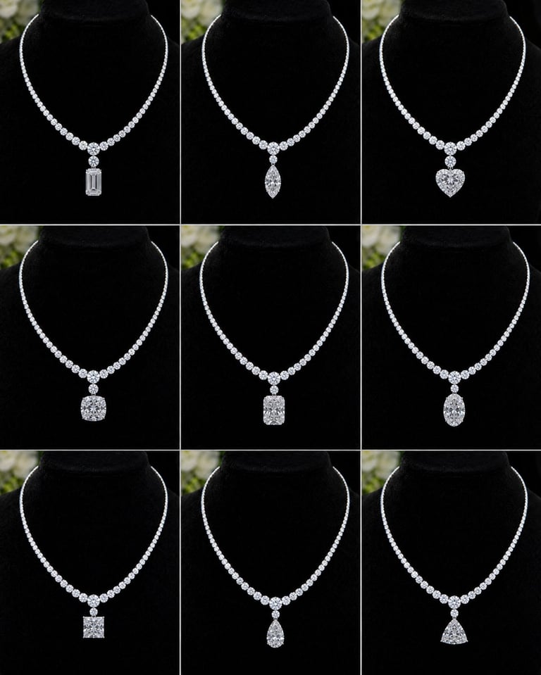 Grid of nine diamond necklaces with different pendant shapes displayed on black mannequin forms