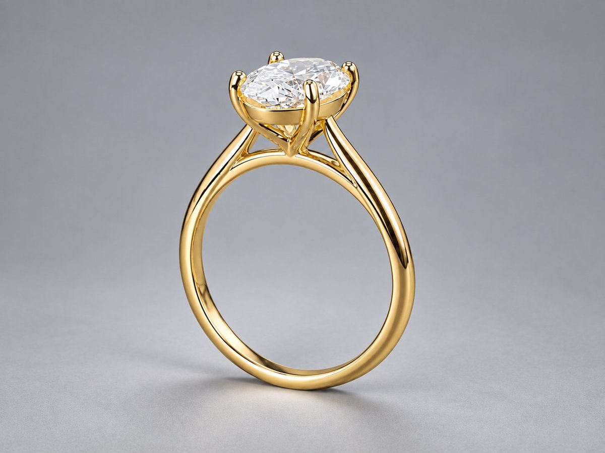 Gold engagement ring with large oval diamond solitaire on gray background
