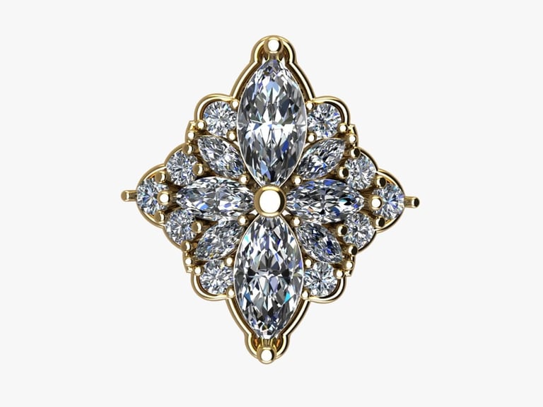 Ornate gold-set diamond cluster with four marquise-cut stones and circular diamonds arranged in a flower shape