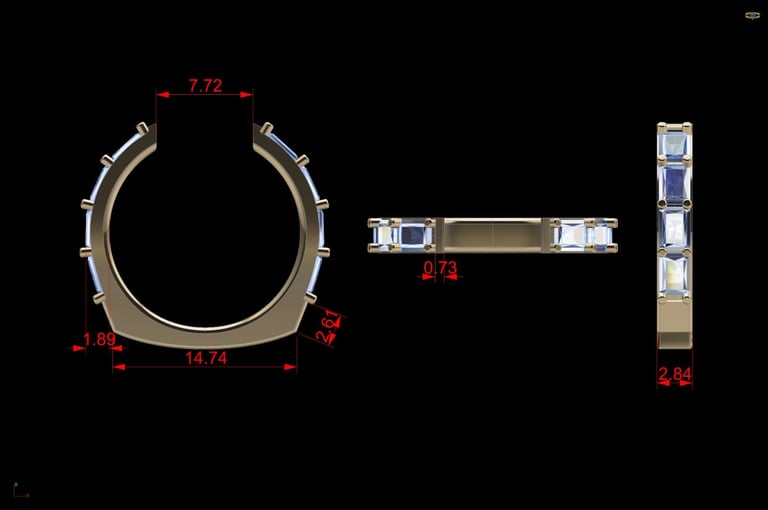 Technical drawings of a gold ring bracelet showing top, side, and front views with red dimension measurements