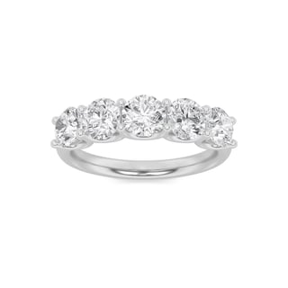 Silver five-stone diamond engagement ring with round-cut diamonds on white background