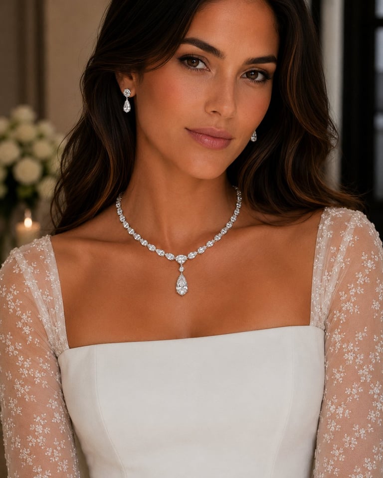 Woman wearing elegant white wedding dress with lace sleeves and diamond necklace with matching earrings