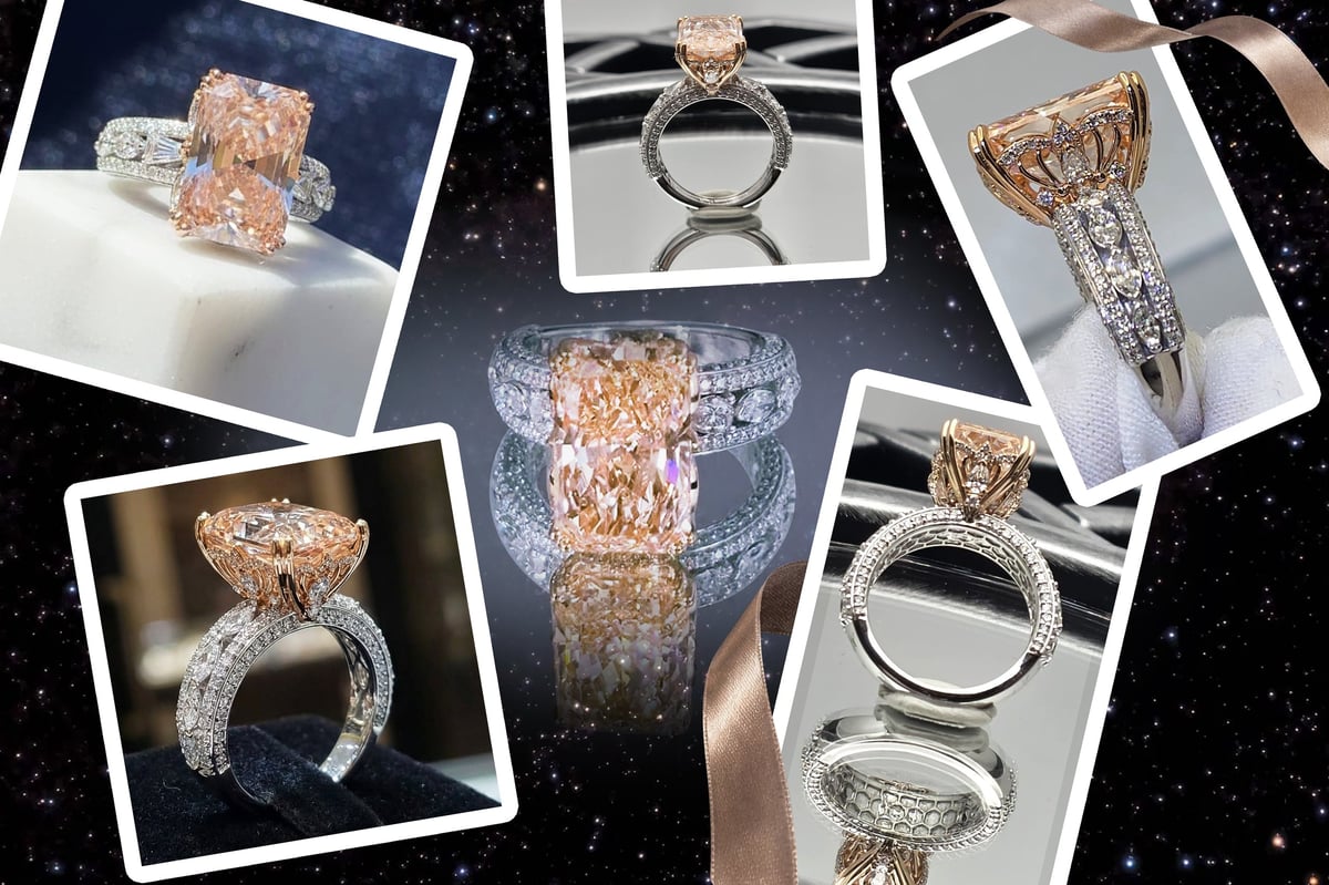 Collection of luxury diamond engagement rings featuring pink and champagne-colored stones displayed as polaroid-style photos