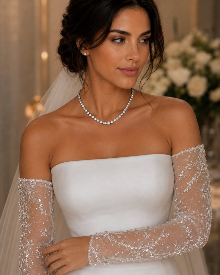 Woman in white strapless wedding dress with beaded sheer sleeves, pearl necklace, and veil, posed indoors with flowers in background
