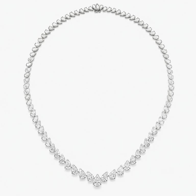 Diamond tennis necklace with pear-shaped stones arranged on white background