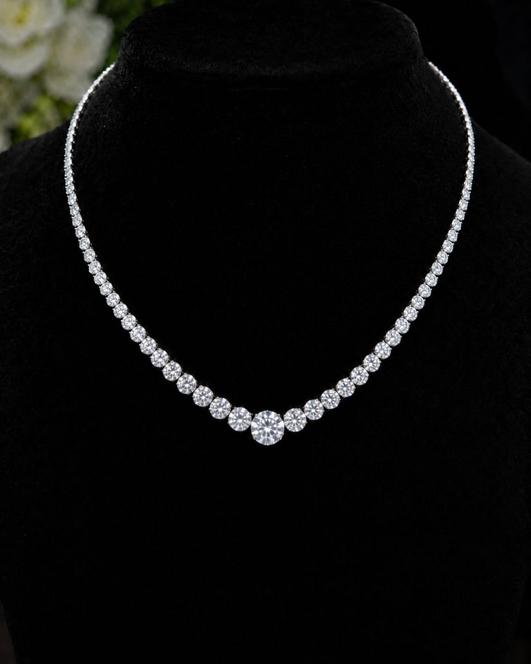 Diamond tennis necklace with large center stone displayed on black velvet bust form