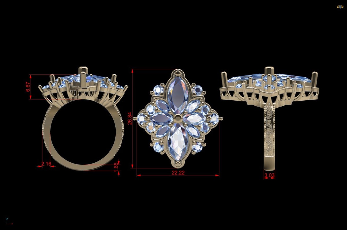 Three jewelry ring designs shown from different angles: top, side, and front views displaying diamond settings and band details